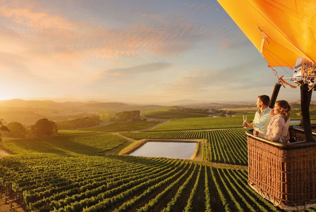 Couple on Hot Air Balloon looking over wine vineyard