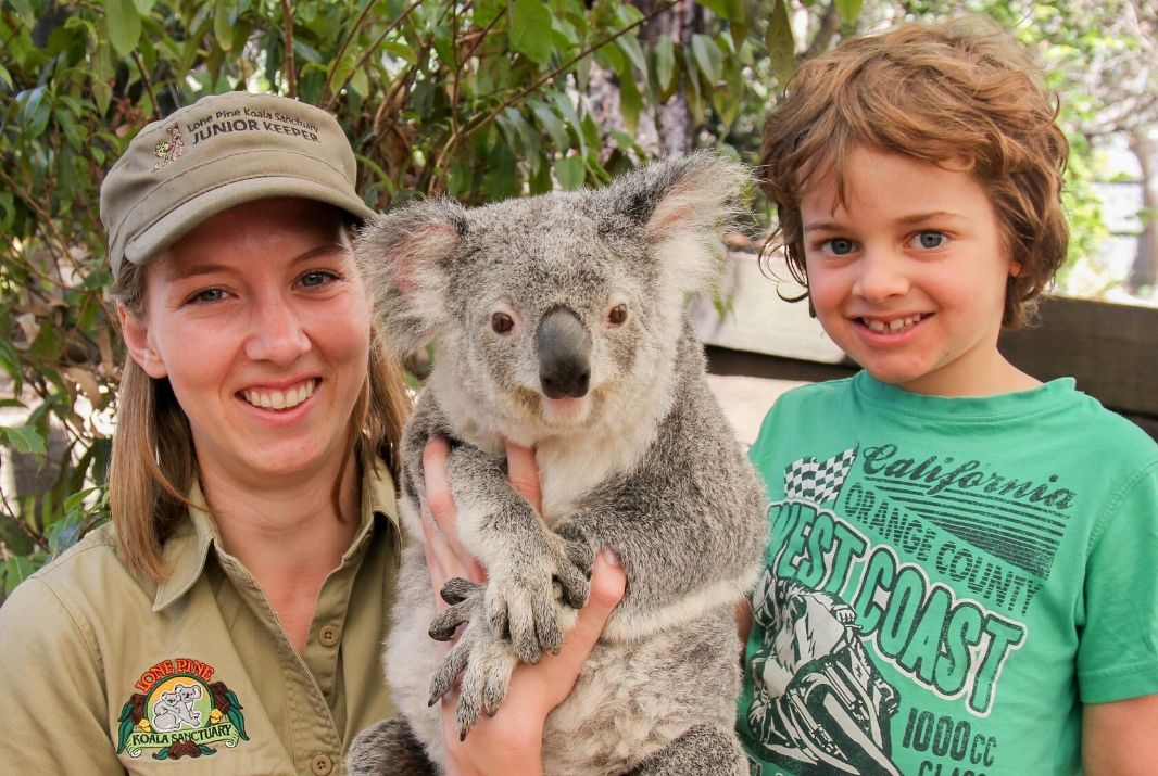 Zoo keeper holding koala with kid at Lone Pine Koala Sanctuary