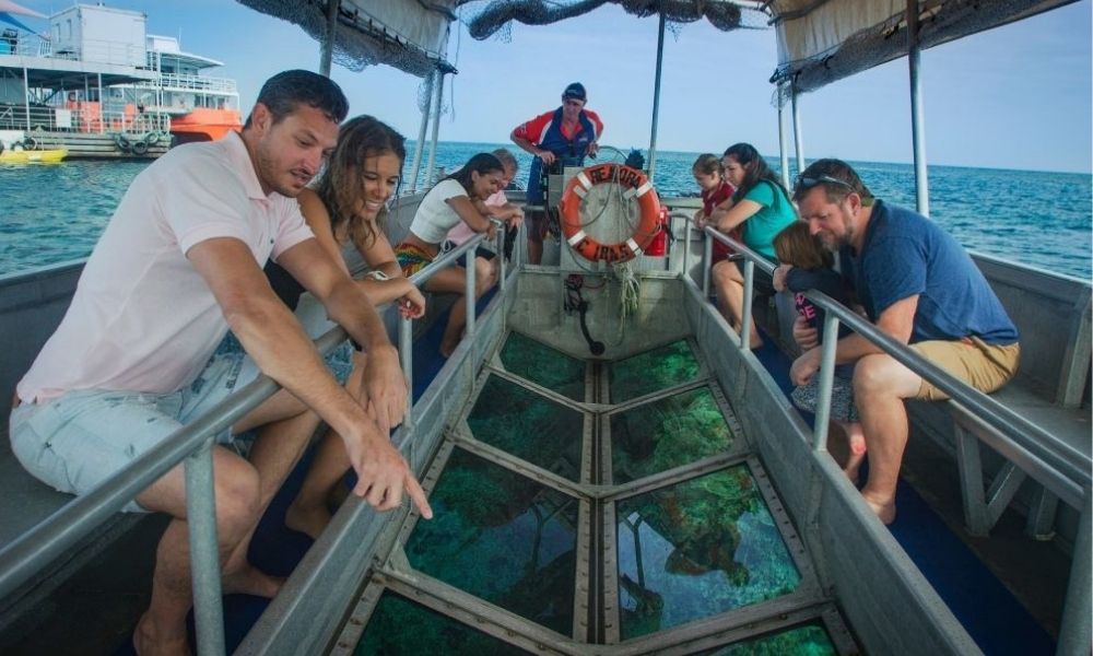 Group look at coral reef beneath their feet on a glass bottom Great Barrier Reef tour