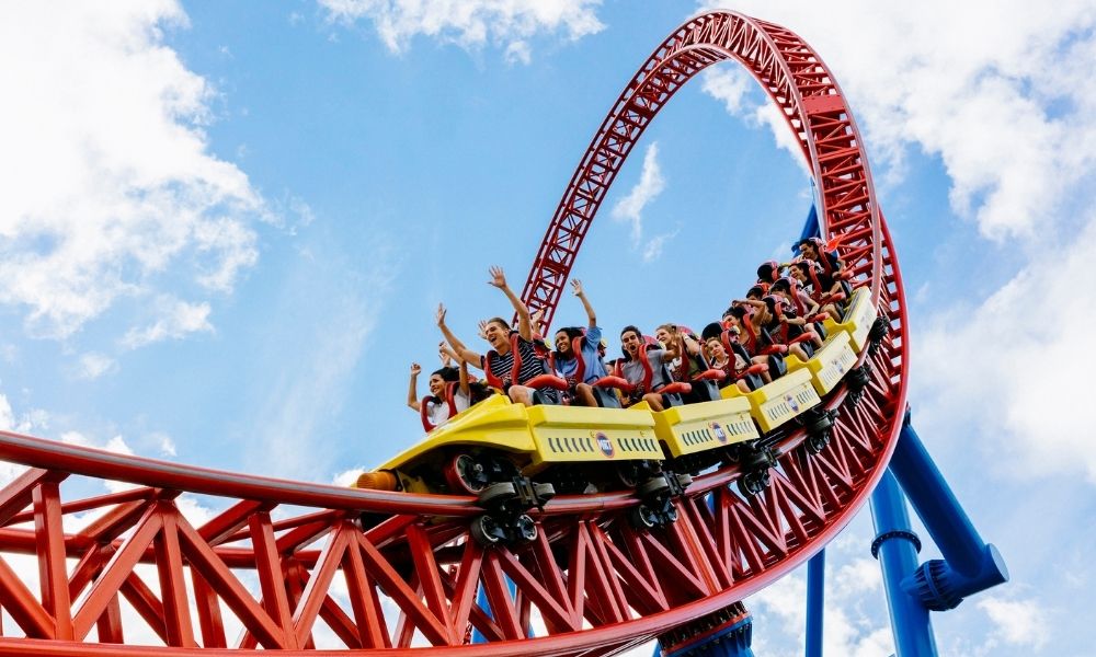 Thrill seekers on the Superman ride at Movie World