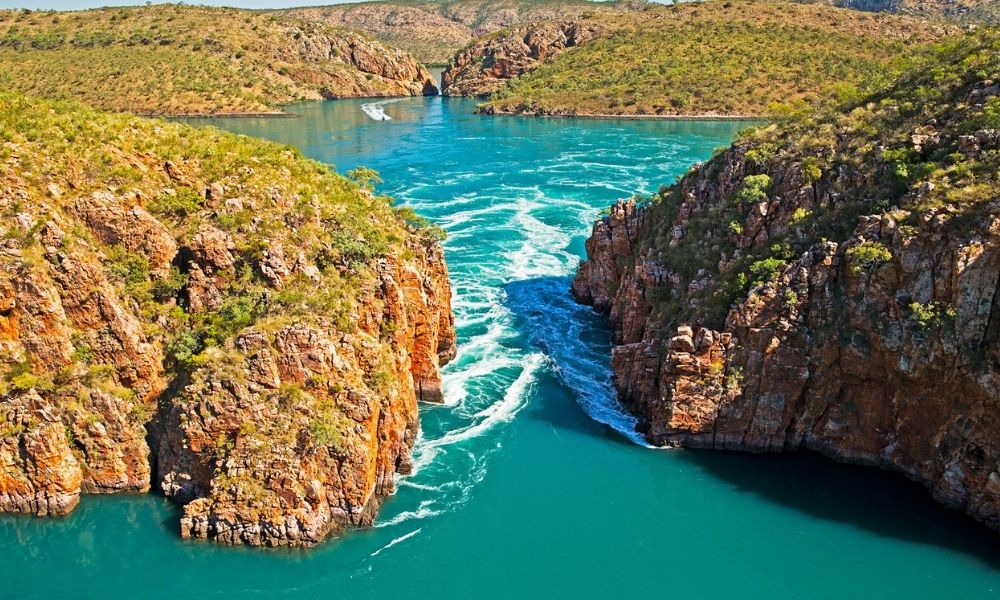 Aerial Shot of boat travelling through Horizontal Falls