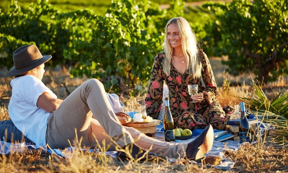 Couple having a picnic in the vineyard