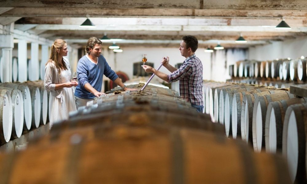 Man and women walk through the Penfolds Wine Barrel room