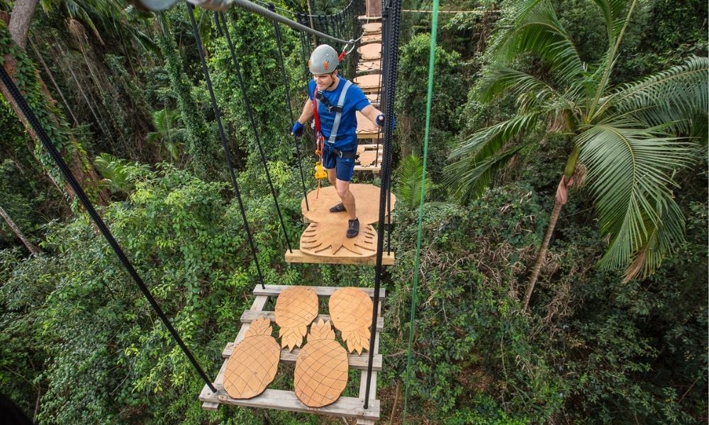 Man navigates obstacle on a high ropes course